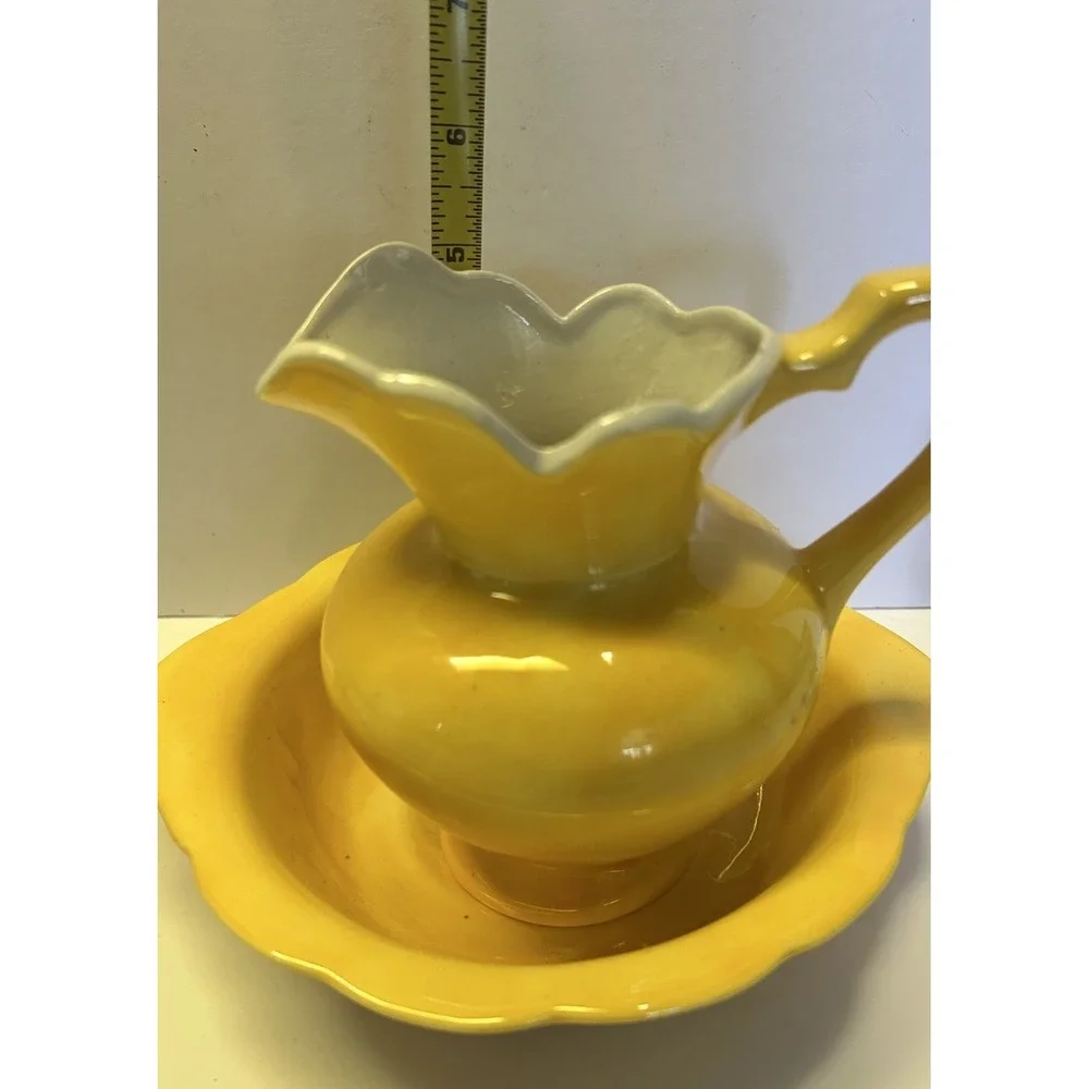 Vintage Pitcher Wash Basin Matching Bowl Set Yellow And Hand Panted Candlesticks